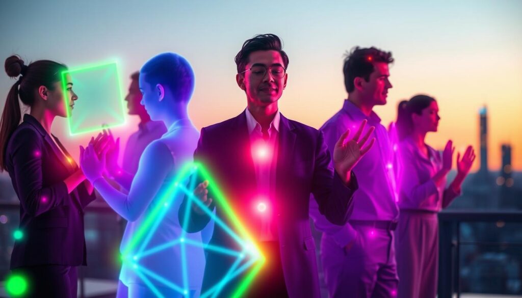 A vibrant, dreamlike scene illustrating the concept of "money abundance points" in an artistic manner. In the foreground, a glowing, abstract representation of EFT tapping points, depicted as luminous, geometric shapes in various bright neon colors—rich greens, deep blues, and radiant purples—highlighted against a soft gradient background. In the middle, a diverse group of individuals dressed in professional business attire or modest casual clothing, engaged in tapping motions with their hands, exuding a sense of relaxation and focus. The background features a soft, blurred city skyline at twilight, adding a sense of aspiration and financial freedom. The lighting is soft yet colorful, evoking a hopeful and motivational atmosphere, reminiscent of a high-end magazine advertisement targeting adult Gen Z audiences.