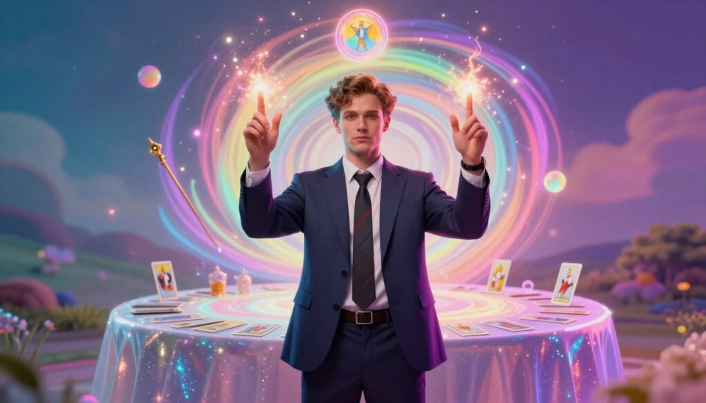 A vibrant, dreamlike scene illustrating the essence of the upright Magician Tarot card, showcasing an ethereal, Caucasian young adult dressed in stylish, professional attire. Positioned prominently in the foreground, the Magician stands confidently, hands raised with energy emanating from fingertips, surrounded by symbols of manifestation such as floating orbs, a wand, and a swirling vortex of neon colors. In the middle ground, a shimmering table displays tarot cards, illuminated by soft, ambient lighting that enhances the mystical aura. The background features a blurred, abstract landscape reminiscent of a dreamcore aesthetic, with soft gradients and glowing patterns. The atmosphere radiates empowerment and potential, inviting viewers to embrace their inner strength. Use a wide-angle lens to capture the full depth of the scene, emphasizing the connection between the figure and the rich colors of manifestation.