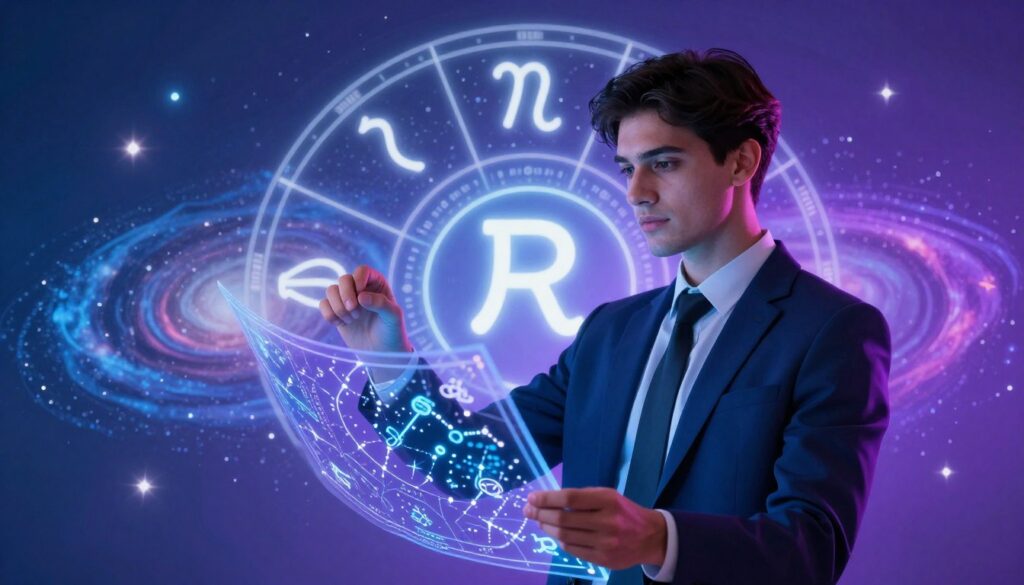 A vibrant, dreamlike scene in neon colors, depicting a confident young adult in professional business attire, surrounded by a celestial design chart of zodiac signs with a glowing Midheaven symbol prominently displayed. In the foreground, the individual is consulting an astrological chart, large and detailed, with constellations and zodiac symbols artistically illuminated. The middle ground features abstract celestial elements like swirling galaxies and bright stars, casting an ethereal glow over the entire image. The background is a soft gradient blending deep blues and purples, creating a mystical atmosphere that suggests discovery and ambition. The lighting is soft yet striking, highlighting the subject's focused expression and a sense of inspiration. The overall mood is aspirational and empowering, inviting viewers to explore their career potential through astrology. A vibrant, dreamlike scene in neon colors, depicting a confident young adult in professional business attire, surrounded by a celestial design chart of zodiac signs with a glowing Midheaven symbol prominently displayed. In the foreground, the individual is consulting an astrological chart, large and detailed, with constellations and zodiac symbols artistically illuminated. The middle ground features abstract celestial elements like swirling galaxies and bright stars, casting an ethereal glow over the entire image. The background is a soft gradient blending deep blues and purples, creating a mystical atmosphere that suggests discovery and ambition. The lighting is soft yet striking, highlighting the subject's focused expression and a sense of inspiration. The overall mood is aspirational and empowering, inviting viewers to explore their career potential through astrology.