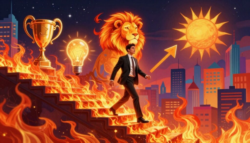 A vibrant, dynamic illustration of a career path representing fire signs—Aries, Leo, and Sagittarius. In the foreground, depict a confident young professional in smart business attire, energetically walking up a winding staircase made of glowing, neon-colored flames. The middle ground features symbolic elements of creativity and ambition, such as trophies, light bulbs, and a rising sun, all infused with bright oranges and reds to evoke passion. The background showcases a surreal landscape with abstract city skyscrapers, painted in vivid colors that suggest excitement and innovation, under a starry night sky. Use dramatic lighting to emphasize the flames and create a warm, motivational atmosphere, capturing the adventurous spirit of fire signs seeking success. A vibrant, dynamic illustration of a career path representing fire signs—Aries, Leo, and Sagittarius. In the foreground, depict a confident young professional in smart business attire, energetically walking up a winding staircase made of glowing, neon-colored flames. The middle ground features symbolic elements of creativity and ambition, such as trophies, light bulbs, and a rising sun, all infused with bright oranges and reds to evoke passion. The background showcases a surreal landscape with abstract city skyscrapers, painted in vivid colors that suggest excitement and innovation, under a starry night sky. Use dramatic lighting to emphasize the flames and create a warm, motivational atmosphere, capturing the adventurous spirit of fire signs seeking success.