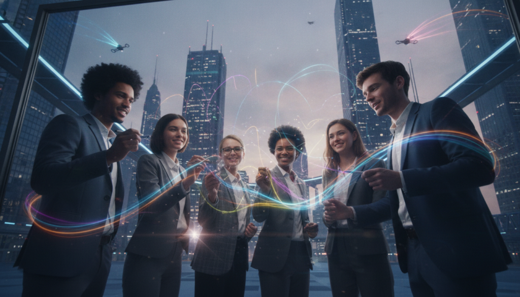 A vibrant, dynamic scene illustrating the concept of "inspired action." In the foreground, a diverse group of young adults in professional business attire enthusiastically collaborate, sketching ideas on a transparent glass board glowing with neon colors. Their expressions reflect determination and excitement, embodying the spirit of creativity. In the middle ground, an abstract representation of flowing energy waves intertwines with the figures, symbolizing inspiration and manifestation. The background features a futuristic cityscape illuminated by soft, ambient neon lighting, suggesting an endless possibility. Use a wide-angle lens to capture the vibrant energy of the scene, with a slight upward angle to evoke a sense of aspiration and growth. The mood is uplifting and motivating, filled with a sense of purpose and connection. A vibrant, dynamic scene illustrating the concept of "inspired action." In the foreground, a diverse group of young adults in professional business attire enthusiastically collaborate, sketching ideas on a transparent glass board glowing with neon colors. Their expressions reflect determination and excitement, embodying the spirit of creativity. In the middle ground, an abstract representation of flowing energy waves intertwines with the figures, symbolizing inspiration and manifestation. The background features a futuristic cityscape illuminated by soft, ambient neon lighting, suggesting an endless possibility. Use a wide-angle lens to capture the vibrant energy of the scene, with a slight upward angle to evoke a sense of aspiration and growth. The mood is uplifting and motivating, filled with a sense of purpose and connection.