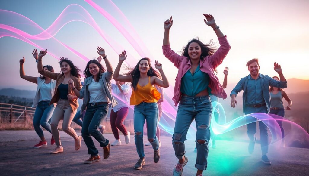 A vibrant, energetic scene depicting a diverse group of young adults engaged in dynamic movement to raise their vibrations. In the foreground, individuals are mid-dance, showcasing expressive movements with joyful faces, dressed in stylish, colorful casual clothing. The middle ground features flowing ribbons of light and ethereal energy surrounding them, blending neon colors of pink, blue, and green to evoke a sense of upliftment. In the background, a serene landscape with soft gradients of twilight sky and abstract dreamcore elements enhances the mood. The lighting is bright and radiant, creating a sense of warmth and positivity, while the composition is captured from a slightly elevated angle to emphasize the sense of elevation and movement. The overall atmosphere is one of freedom, joy, and connection with oneself. A vibrant, energetic scene depicting a diverse group of young adults engaged in dynamic movement to raise their vibrations. In the foreground, individuals are mid-dance, showcasing expressive movements with joyful faces, dressed in stylish, colorful casual clothing. The middle ground features flowing ribbons of light and ethereal energy surrounding them, blending neon colors of pink, blue, and green to evoke a sense of upliftment. In the background, a serene landscape with soft gradients of twilight sky and abstract dreamcore elements enhances the mood. The lighting is bright and radiant, creating a sense of warmth and positivity, while the composition is captured from a slightly elevated angle to emphasize the sense of elevation and movement. The overall atmosphere is one of freedom, joy, and connection with oneself.