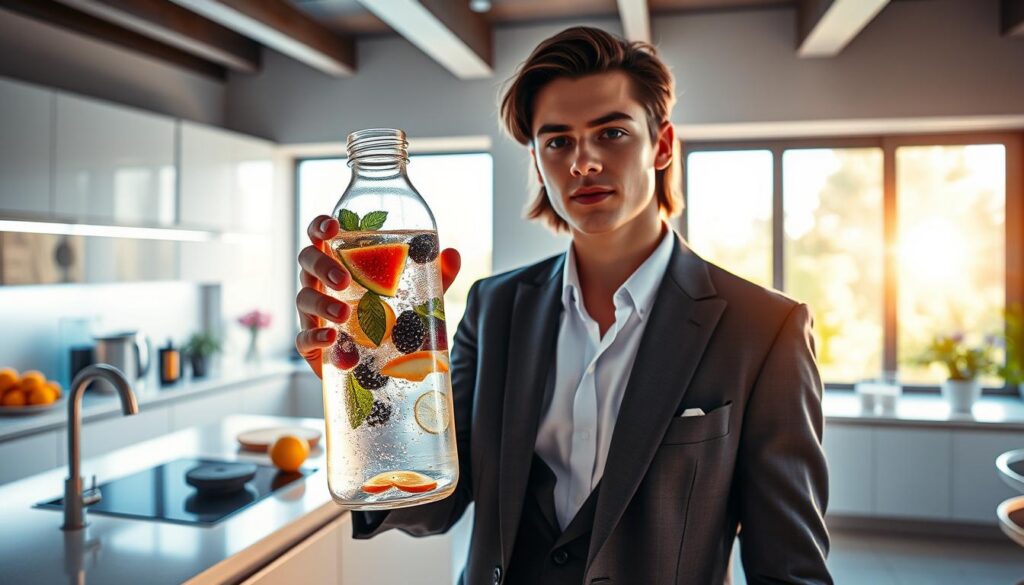 A vibrant, eye-catching scene depicting the concept of "hydration health and energy." In the foreground, a well-dressed young adult (Gen Z) elegantly holds a large, transparent water bottle filled with sparkling, infused water surrounded by fresh fruits and herbs. The middle layer features a bright, modern kitchen setting bathed in soft natural light, highlighting a sleek countertop filled with various hydration essentials like glasses, a water filter, and colorful fruit. In the background, a large window reveals a sunlit garden, symbolizing vitality and wellness. The overall mood is fresh and invigorating, with neon accents subtly enhancing the atmosphere, reminiscent of a high-end magazine advertisement. The composition is captured with a slight upward angle, creating a dynamic sense of movement and energy.