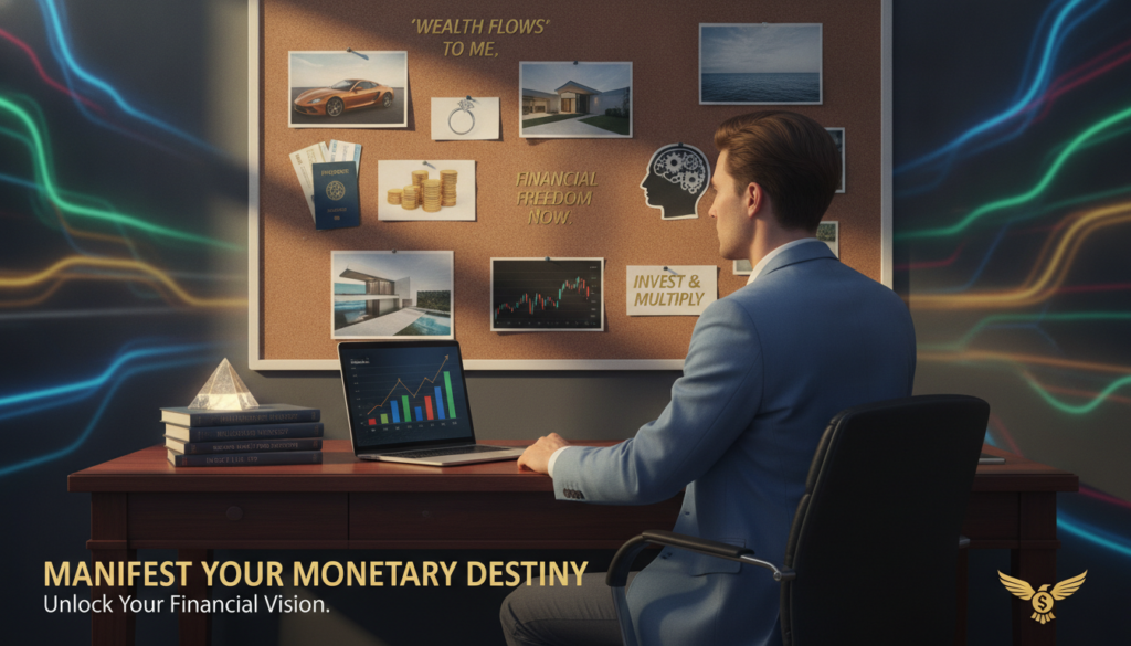 A vibrant, high-end magazine advertisement scene centered on money manifestation goals and financial vision. In the foreground, a confident, young Caucasian business professional in smart casual attire, intently reviewing a vision board filled with images of luxury items, investments, and positive affirmations. The middle ground features a sleek desk with a laptop displaying financial graphs and a stack of books on wealth creation. The background is softly illuminated with dynamic neon colors, creating a dreamlike atmosphere that inspires ambition and focus. The lighting is warm and inviting, enhancing a sense of creativity and positivity. The composition is shot from a slightly elevated angle, drawing the viewer's eye towards the vision board and the individual's engaged expression, embodying clarity and determination in their financial pursuits.