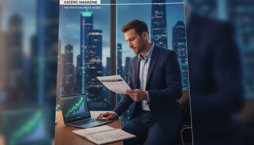 A vibrant, high-end magazine advertisement set in a beautifully designed modern office. In the foreground, a confident young Caucasian professional in smart casual attire examines a financial document, symbolizing actionable wealth beliefs. The middle ground features a sleek desk with a laptop displaying graphs and a notebook filled with strategic money habits. In the background, large windows reveal a city skyline bathed in neon colors, imparting a sense of ambition and opportunity. Soft, diffused lighting creates a motivated atmosphere, enhancing the focus on the subject's expression of determination. A depth-of-field effect blurs the background slightly, drawing attention to the subject while conveying a modern, aspirational feel that resonates with adult Gen Z viewers.