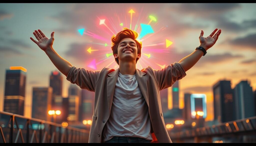 A vibrant, high-energy scene depicting a high vibration person experiencing awareness in a modern urban setting. In the foreground, a young adult in stylish, casual attire stands with arms raised, radiating light and energy. Their face is filled with joy and tranquility, surrounded by an aura of glowing neon colors. In the middle ground, colorful abstract shapes pulsate and swirl around them, symbolizing heightened awareness and positive energy flow. The background features a city skyline at sunset, with warm, golden light casting long shadows and enhancing the dreamlike atmosphere. The entire scene is illuminated with soft, ethereal lighting that creates a feeling of joy and inspiration, resembling a high-end magazine advertisement, evoking a sense of connection and optimism. A vibrant, high-energy scene depicting a high vibration person experiencing awareness in a modern urban setting. In the foreground, a young adult in stylish, casual attire stands with arms raised, radiating light and energy. Their face is filled with joy and tranquility, surrounded by an aura of glowing neon colors. In the middle ground, colorful abstract shapes pulsate and swirl around them, symbolizing heightened awareness and positive energy flow. The background features a city skyline at sunset, with warm, golden light casting long shadows and enhancing the dreamlike atmosphere. The entire scene is illuminated with soft, ethereal lighting that creates a feeling of joy and inspiration, resembling a high-end magazine advertisement, evoking a sense of connection and optimism.