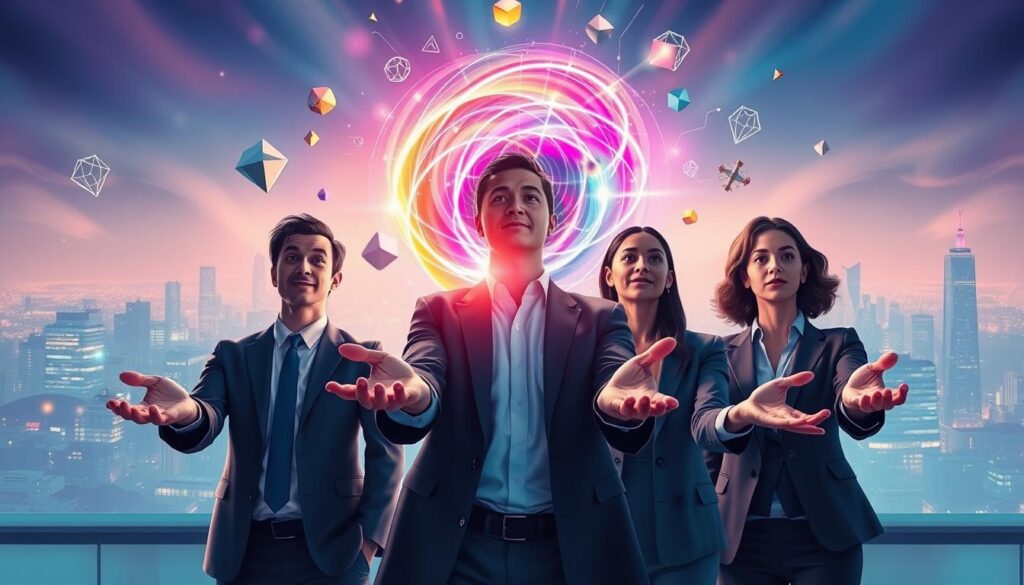 A vibrant illustration capturing the essence of the "Law of Attraction" beliefs and energy. In the foreground, a diverse group of three professionals in smart business attire reflect determination and focus, with their hands outstretched toward a glowing, swirling energy orb filled with radiant, neon colors representing positivity and intentions. In the middle ground, abstract representations of thoughts manifesting as floating geometric shapes and ethereal light trails that spiral around them. The background features an ethereal cityscape, softly lit with a dreamlike quality, hinting at a world where energy and beliefs shape reality. The atmosphere is inspirational and electric, with dramatic lighting casting colorful glows that enhance the sense of possibility and transformation, shot from a low angle to emphasize the energy emanating from the subjects and orb.