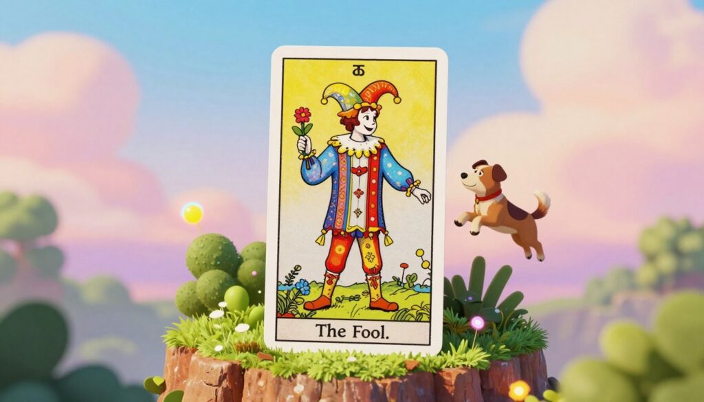 A vibrant illustration of an upright tarot card depicting "The Fool." In the foreground, the card stands prominently, showcasing a whimsical character with a joyful expression, wearing a colorful outfit with intricate details, standing on the edge of a cliff. The character holds a small bundle and a flower, symbolizing new beginnings, while a playful dog jumps beside them. In the middle ground, lush greenery contrasts with the card's bright colors, creating an exciting sense of adventure. The background features a serene sky with soft pastel hues, enhancing the dreamlike atmosphere. Neon accents subtly illuminate the scene, adding a modern touch. The lighting is soft, creating a dreamy ambiance that invites curiosity. The overall mood is uplifting and adventurous, encouraging the viewer to embrace new possibilities.