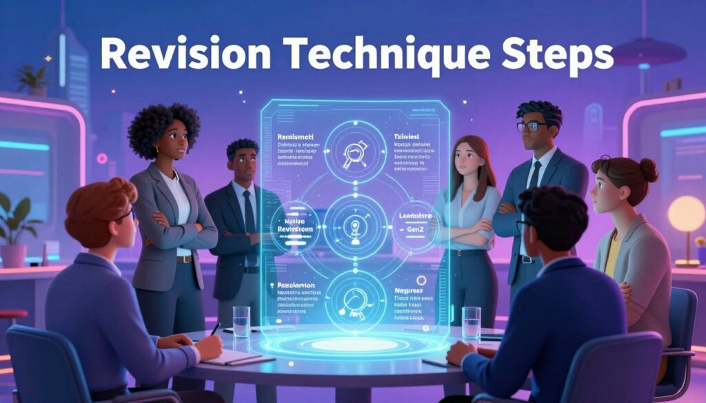 A vibrant illustration of the "Revision Technique Steps," set in a surreal dreamcore style. In the foreground, a diverse group of adults representing Gen Z, dressed in professional business attire, are engaged in a dynamic discussion around a glowing, holographic infographic that visually represents the steps of Neville's Revision Technique. The middle ground features a softly lit workspace with modern furniture, surrounded by ethereal neon colors that create a mesmerizing atmosphere. The background hints at a futuristic skyline, accentuated by a twilight gradient, blending blues and purples. Use dramatic lighting to highlight the expressions of curiosity and determination on the participants' faces. The overall mood is inspirational and transformative, emphasizing personal growth and change. A vibrant illustration of the "Revision Technique Steps," set in a surreal dreamcore style. In the foreground, a diverse group of adults representing Gen Z, dressed in professional business attire, are engaged in a dynamic discussion around a glowing, holographic infographic that visually represents the steps of Neville's Revision Technique. The middle ground features a softly lit workspace with modern furniture, surrounded by ethereal neon colors that create a mesmerizing atmosphere. The background hints at a futuristic skyline, accentuated by a twilight gradient, blending blues and purples. Use dramatic lighting to highlight the expressions of curiosity and determination on the participants' faces. The overall mood is inspirational and transformative, emphasizing personal growth and change.