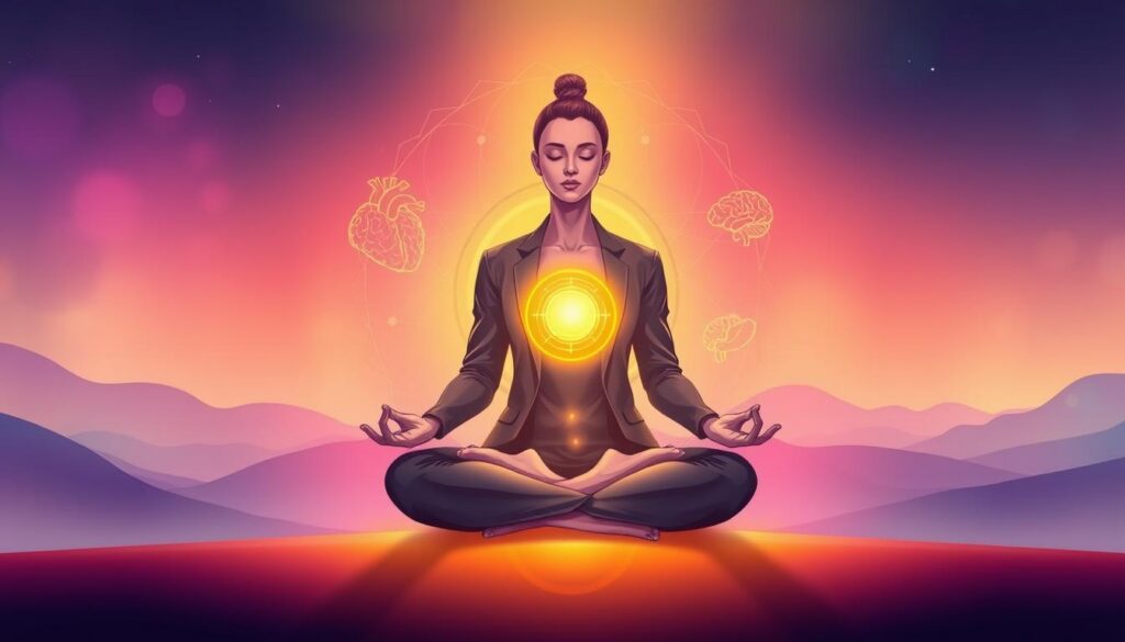 A vibrant illustration of the solar plexus chakra, centered on a serene figure seated in a meditative pose, embodying calm confidence. The foreground features a glowing yellow and gold energy swirling around the solar plexus area, radiating warmth and positivity. In the middle ground, subtle representations of body and mind elements—such as a heart and brain—are intertwined with delicate, flowing lines, suggesting balance and harmony. The background is an ethereal landscape with abstract dreamcore shapes and neon colors melding into a calming gradient. Soft, focused lighting highlights the chakra, creating an uplifting atmosphere, while maintaining a high-end magazine advertisement vibe. The figure is dressed in professional business attire, conveying confidence and serenity. The overall scene emanates a sense of empowerment and vibrant energy, perfect for illustrating the essence of the solar plexus chakra. A vibrant illustration of the solar plexus chakra, centered on a serene figure seated in a meditative pose, embodying calm confidence. The foreground features a glowing yellow and gold energy swirling around the solar plexus area, radiating warmth and positivity. In the middle ground, subtle representations of body and mind elements—such as a heart and brain—are intertwined with delicate, flowing lines, suggesting balance and harmony. The background is an ethereal landscape with abstract dreamcore shapes and neon colors melding into a calming gradient. Soft, focused lighting highlights the chakra, creating an uplifting atmosphere, while maintaining a high-end magazine advertisement vibe. The figure is dressed in professional business attire, conveying confidence and serenity. The overall scene emanates a sense of empowerment and vibrant energy, perfect for illustrating the essence of the solar plexus chakra.