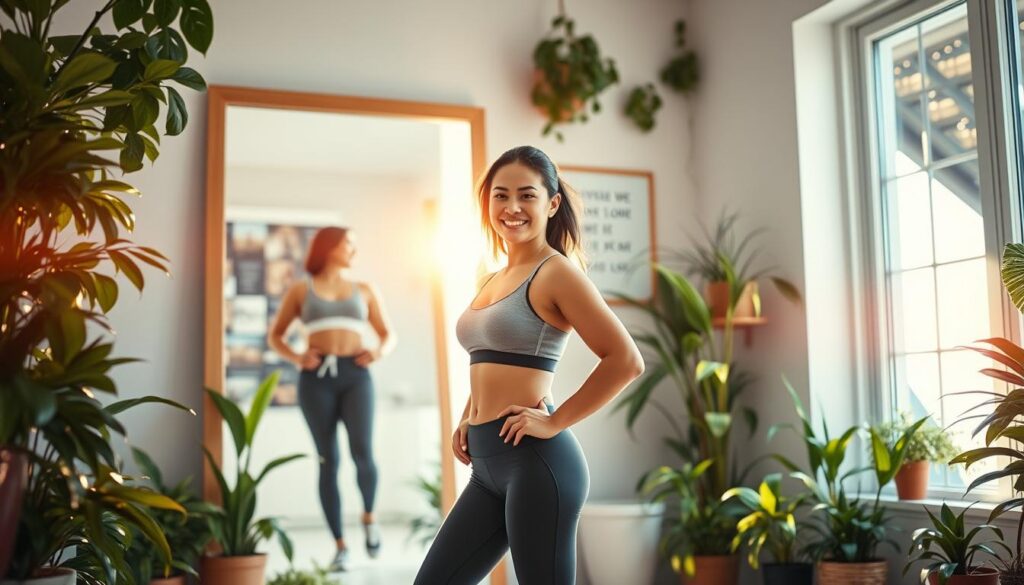 A vibrant, inspiring scene depicting a healthy future self standing confidently in a bright, airy room filled with lush indoor plants. In the foreground, a fit individual in stylish, modest activewear, smiling, radiating positivity and determination. The middle ground features a large mirror reflecting their toned physique and a vision board filled with motivational images and affirmations about weight loss. The background showcases a sunlit window with rays streaming in, illuminating the space in warm, uplifting colors. The atmosphere is filled with a sense of hope and aspiration, enhanced by subtle dreamcore elements with neon accents. The overall mood is energetic and empowering, inviting viewers to visualize their own journey towards a healthier lifestyle. A vibrant, inspiring scene depicting a healthy future self standing confidently in a bright, airy room filled with lush indoor plants. In the foreground, a fit individual in stylish, modest activewear, smiling, radiating positivity and determination. The middle ground features a large mirror reflecting their toned physique and a vision board filled with motivational images and affirmations about weight loss. The background showcases a sunlit window with rays streaming in, illuminating the space in warm, uplifting colors. The atmosphere is filled with a sense of hope and aspiration, enhanced by subtle dreamcore elements with neon accents. The overall mood is energetic and empowering, inviting viewers to visualize their own journey towards a healthier lifestyle.