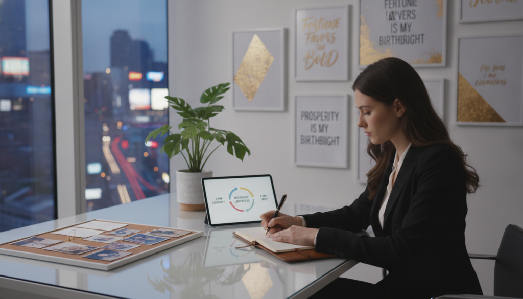 A vibrant, modern workspace bathed in soft, natural light, exuding a sense of abundance and prosperity. In the foreground, a focused adult Gen Z individual of Caucasian descent sits at a sleek desk, clad in professional business attire, engaging in mindful journaling with a luxurious notebook and a stylish pen. On the desk, an array of successful habit tools such as a vision board, a plant symbolizing growth, and a digital device displaying affirmations. In the middle ground, a wall adorned with inspiring quotes and artwork representing wealth mindset. The background features a large window with a panoramic city view, showcasing neon colors reflecting the bustling life outside. The overall mood is aspirational and motivating, creating an atmosphere of positivity and success. The composition is shot with a slightly blurred foreground to emphasize the subject in a high-end magazine advertisement style.