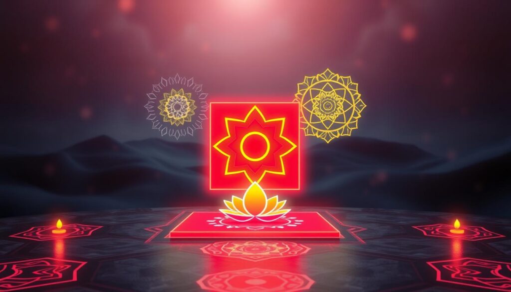 A vibrant representation of the Muladhara energy center, showcasing traditional symbols of the Root Chakra, such as a deep red square surrounded by a yellow circle and lotus flower with four petals. In the foreground, incorporate elegant geometric designs that invoke a sense of grounding and stability, using neon hues and ethereal lighting to create an otherworldly effect. The middle ground features softly glowing mandalas, interspersed with sacred geometry, conveying a mystical aura. The background should consist of an abstract dreamlike landscape with shades of dark blue and purple, enhancing the depth of the scene. Use a soft focus lens effect to create a calming atmosphere, allowing light to gently cascade through the elements, evoking a sense of inner peace and wealth. A vibrant representation of the Muladhara energy center, showcasing traditional symbols of the Root Chakra, such as a deep red square surrounded by a yellow circle and lotus flower with four petals. In the foreground, incorporate elegant geometric designs that invoke a sense of grounding and stability, using neon hues and ethereal lighting to create an otherworldly effect. The middle ground features softly glowing mandalas, interspersed with sacred geometry, conveying a mystical aura. The background should consist of an abstract dreamlike landscape with shades of dark blue and purple, enhancing the depth of the scene. Use a soft focus lens effect to create a calming atmosphere, allowing light to gently cascade through the elements, evoking a sense of inner peace and wealth.