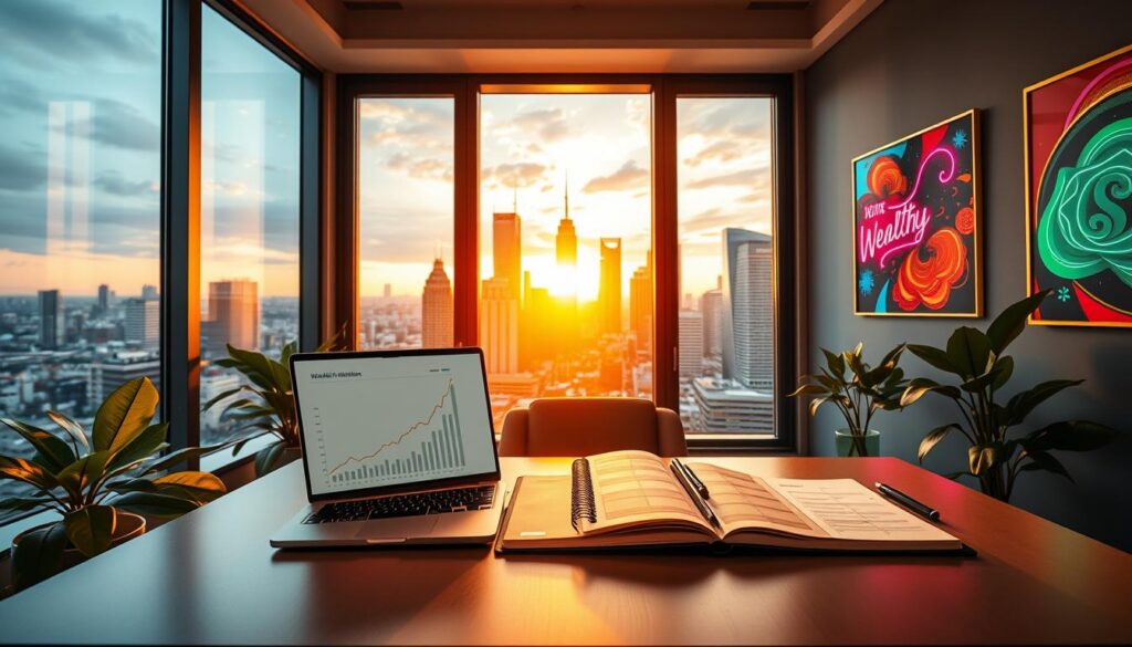 A vibrant scene depicting a modern workspace symbolizing abundance and wealth intention. In the foreground, a sleek, elegantly designed desk with a laptop open to a financial growth graph, surrounded by lush green plants and an open planner filled with notes and goals. The middle ground features a large window overlooking a bustling city skyline during golden hour, casting warm light across the room. In the background, abstract art pieces with neon colors reflecting prosperity hang on the walls, enhancing the space's dynamic energy. The mood is optimistic and motivating, evoking a sense of purpose and ambition. The lighting is bright and inviting, highlighting the professionalism of the setting while ensuring a clear focus on the elements that represent wealth and proactive actions. A vibrant scene depicting a modern workspace symbolizing abundance and wealth intention. In the foreground, a sleek, elegantly designed desk with a laptop open to a financial growth graph, surrounded by lush green plants and an open planner filled with notes and goals. The middle ground features a large window overlooking a bustling city skyline during golden hour, casting warm light across the room. In the background, abstract art pieces with neon colors reflecting prosperity hang on the walls, enhancing the space's dynamic energy. The mood is optimistic and motivating, evoking a sense of purpose and ambition. The lighting is bright and inviting, highlighting the professionalism of the setting while ensuring a clear focus on the elements that represent wealth and proactive actions.