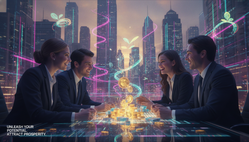 A vibrant scene depicting an ethereal, dreamlike atmosphere infused with neon colors, symbolizing the concept of making money and attracting opportunities. In the foreground, a diverse group of young professionals in smart business attire engaged in a dynamic discussion, with expressions of excitement and optimism. In the middle, a table adorned with glowing coins and stacks of currency, radiating light and energy, suggests wealth accumulation. The background features a digital skyline with futuristic elements, illustrating an inspiring cityscape under a twilight sky. Soft, ambient lighting casts a positive glow over the entire scene, evoking a sense of ambition and limitless possibilities. The composition should feel modern, engaging, and visually captivating, perfect for a high-end magazine advertisement. A vibrant scene depicting an ethereal, dreamlike atmosphere infused with neon colors, symbolizing the concept of making money and attracting opportunities. In the foreground, a diverse group of young professionals in smart business attire engaged in a dynamic discussion, with expressions of excitement and optimism. In the middle, a table adorned with glowing coins and stacks of currency, radiating light and energy, suggests wealth accumulation. The background features a digital skyline with futuristic elements, illustrating an inspiring cityscape under a twilight sky. Soft, ambient lighting casts a positive glow over the entire scene, evoking a sense of ambition and limitless possibilities. The composition should feel modern, engaging, and visually captivating, perfect for a high-end magazine advertisement.