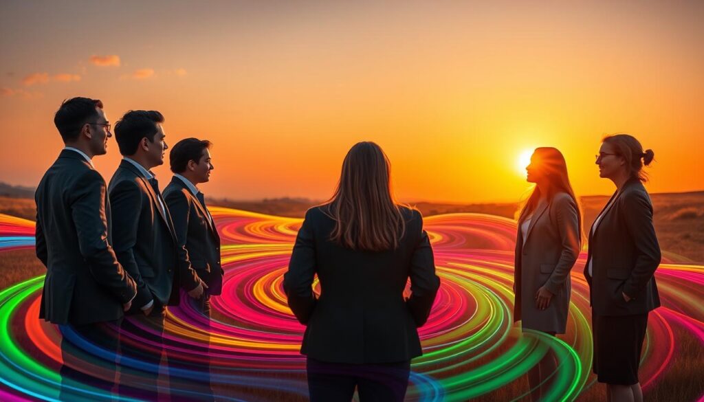 A vibrant scene depicting the concept of "field intention and positive energy." In the foreground, a diverse group of adults in professional business attire, facing each other with open, engaged body language, reflecting connection and collaboration. In the middle ground, a swirling landscape of colorful abstract patterns in neon hues, symbolizing the flow of positive energy and intentions. In the background, a serene sunset casts warm golden light, illuminating the entire scene and creating a harmonious atmosphere. The composition should utilize a slightly lower angle, capturing the dynamic interplay between the group and the swirling patterns. Emphasize a mood of empowerment and positivity, with a dreamlike quality that resonates with the concept of intention. A vibrant scene depicting the concept of "field intention and positive energy." In the foreground, a diverse group of adults in professional business attire, facing each other with open, engaged body language, reflecting connection and collaboration. In the middle ground, a swirling landscape of colorful abstract patterns in neon hues, symbolizing the flow of positive energy and intentions. In the background, a serene sunset casts warm golden light, illuminating the entire scene and creating a harmonious atmosphere. The composition should utilize a slightly lower angle, capturing the dynamic interplay between the group and the swirling patterns. Emphasize a mood of empowerment and positivity, with a dreamlike quality that resonates with the concept of intention.