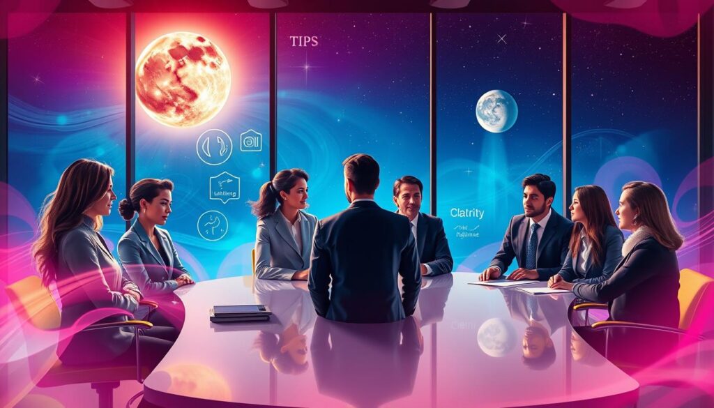 A vibrant scene illustrating effective communication tips during Mercury retrograde, set in a dreamy, surreal office environment. In the foreground, a diverse group of professional individuals, dressed in smart business attire, engage in active discussions around a sleek, modern conference table. Their expressions reflect focus and understanding amidst a colorful backdrop of swirling, ethereal neon hues that convey a sense of cosmic energy. The middle ground features floating tips and icons that symbolize communication strategies, such as active listening, clarity, and patience, woven into the atmosphere. In the background, a large window reveals a starry sky with a prominent Mercury in retrograde, casting gentle, harmonious light into the scene. The mood is both calming and inspiring, highlighting the importance of protecting one's peace during potential communication mix-ups.