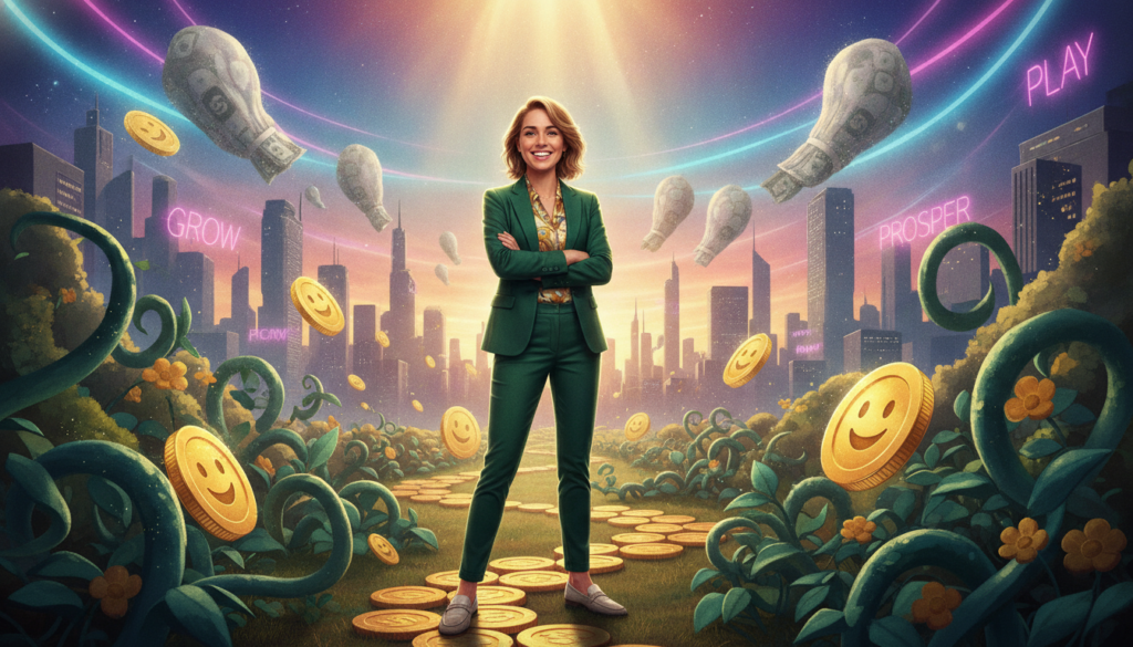A vibrant scene illustrating the concept of a playful abundance mindset around money. In the foreground, a confident young adult dressed in professional yet trendy attire stands with arms crossed, exuding a sense of empowerment and optimism. The middle ground features a whimsical landscape filled with oversized golden coins, sparkling dollar bills floating in mid-air, and lush greenery symbolizing growth and prosperity. The background is a dreamy urban skyline, with neon colors illuminating the scene, capturing the essence of a modern, affluent lifestyle. Soft, warm lighting casts an inviting glow over the entire composition, creating a feeling of joy and possibility. The overall mood is upbeat and motivational, inviting viewers to embrace abundance without pretense. A vibrant scene illustrating the concept of a playful abundance mindset around money. In the foreground, a confident young adult dressed in professional yet trendy attire stands with arms crossed, exuding a sense of empowerment and optimism. The middle ground features a whimsical landscape filled with oversized golden coins, sparkling dollar bills floating in mid-air, and lush greenery symbolizing growth and prosperity. The background is a dreamy urban skyline, with neon colors illuminating the scene, capturing the essence of a modern, affluent lifestyle. Soft, warm lighting casts an inviting glow over the entire composition, creating a feeling of joy and possibility. The overall mood is upbeat and motivational, inviting viewers to embrace abundance without pretense.