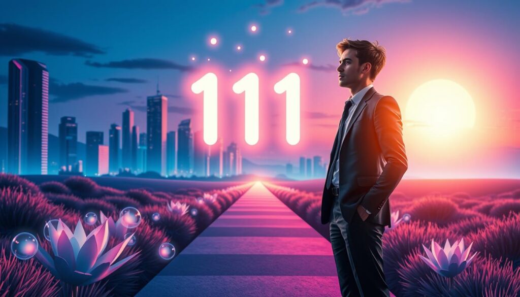A vibrant scene representing new beginnings and focused action, set in a modern, dreamlike landscape. In the foreground, a determined young adult in professional business attire stands confidently, gazing at a glowing, ethereal number '111' floating in the air, surrounded by shimmering, neon-colored orbs symbolizing possibilities. The middle ground features an abstract pathway lined with soft, luminescent plants leading toward a bright horizon, embodying a sense of purpose and direction. The background is a surreal cityscape with stylized skyscrapers under a twilight sky, blending deep blues and purples with hints of neon accents. The lighting is bright and uplifting, casting a warm glow over the scene, evoking a sense of hope and motivation. The overall mood is dynamic and aspirational, perfect for illustrating the concept of new opportunities and focused intention.