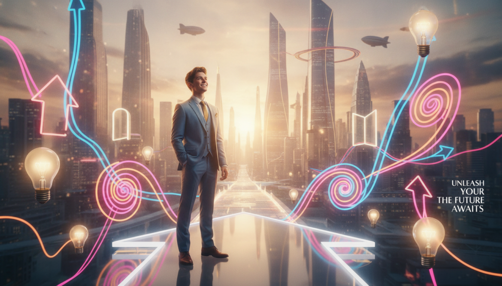 A vibrant scene representing positive thinking and the concept of opportunities. In the foreground, a young adult Gen Z individual of Caucasian descent stands confidently, dressed in professional business attire that exudes optimism. Their expression is bright and uplifting, gazing into the distance as if envisioning future possibilities. The middle layer features surreal, dreamlike elements such as floating lightbulbs, symbolizing ideas and opportunities, surrounded by colorful neon shapes and soft glows. In the background, a futuristic cityscape emerges, illuminated by dawn light, hinting at endless potential. Use soft focus and warm, dynamic lighting to enhance the bright and hopeful atmosphere, reminiscent of a high-end magazine advertisement, capturing the essence of transformation and inspiration.