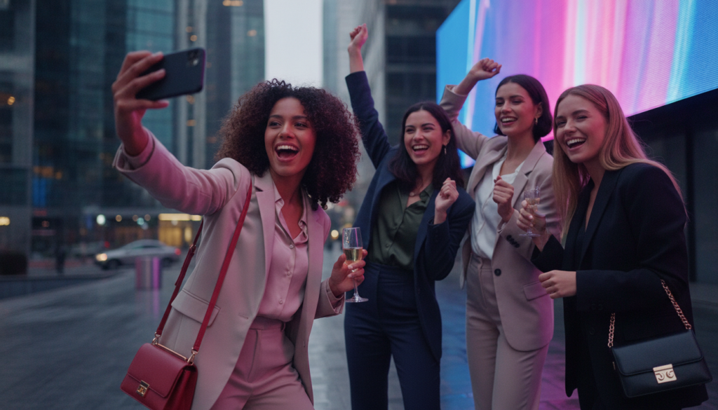 A vibrant scene showcasing a group of diverse women, dressed in stylish professional attire, confidently recording social media videos for the "Lucky Girl" trend. In the foreground, one woman is excitedly looking into a smartphone, capturing her joyful expression, while others are playfully posed around her, laughing and celebrating. In the middle ground, we see modern urban settings with colorful neon lights reflecting the energy of social media culture. The background features soft-focus cityscapes, hinting at luxury and aspiration. The lighting is bright and dynamic, casting colorful glows on the subjects, evoking a cheerful and uplifting atmosphere. The overall composition should feel trendy, youthful, and stylish, capturing the essence of social media creativity without any text or distractions.