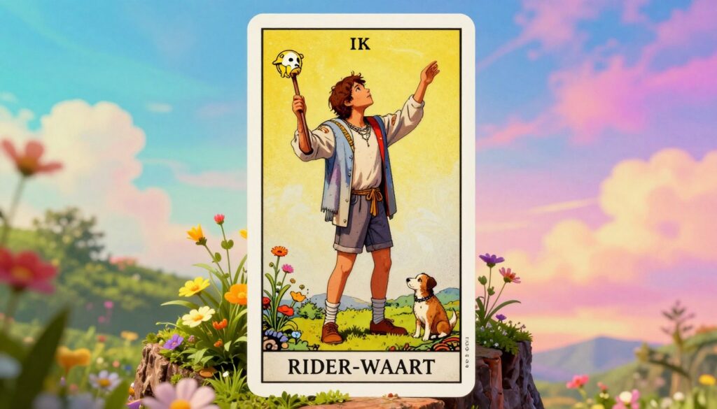 A vibrant, surreal representation of the Rider-Waite Fool tarot card symbolism. The foreground features a whimsical figure, a young adult in modest casual clothing, embodying innocence and curiosity, standing at the edge of a cliff. The character gazes upward, a small dog playfully at their feet, symbolizing loyalty and companionship. In the middle ground, lush greenery and colorful flowers surround the cliff, symbolizing new beginnings. The background showcases a bright, expansive sky blended with dreamcore elements in neon colors, hinting at infinite possibilities. Soft, ethereal lighting casts a warm glow, enhancing the sense of exploration and adventure. Capture the mood of optimism and the spirit of taking a leap into the unknown, with a high-end magazine advertisement feel, designed for adult Gen Z aesthetics.