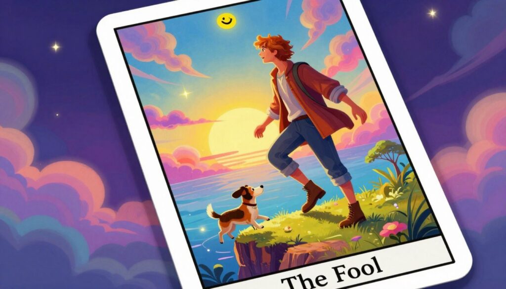 A vibrant tarot card illustration representing "The Fool" tarot card, featuring a whimsical scene in a dreamlike landscape. In the foreground, an adventurous young Caucasian figure, dressed in stylish yet modest casual attire, joyfully stands at the edge of a cliff, gazing at a colorful horizon, symbolizing new beginnings and taking a leap of faith. In the middle ground, a small dog playfully bounces alongside him, embodying loyalty and companionship. The background showcases a surreal blend of neon colors, swirling clouds, and a mystical sun setting in the distance, enhancing the dreamcore aesthetic. Soft lighting illuminates the scene, casting ethereal glows, while a slight tilt perspective adds a dynamic touch. The overall mood is hopeful and exhilarating, inviting viewers to embrace new journeys.