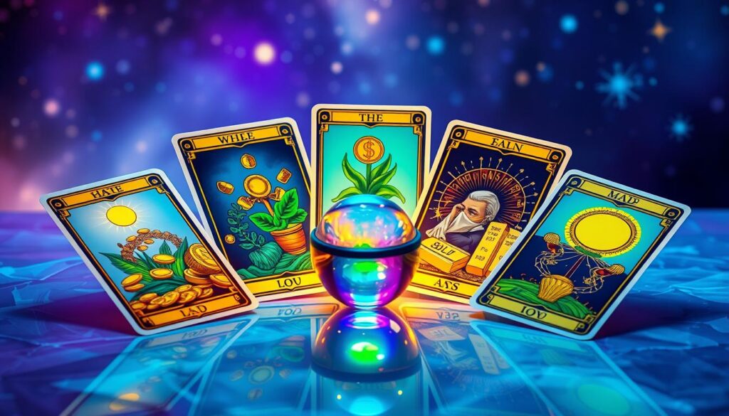 A vibrant tarot spread on an elegant, reflective surface, featuring five distinct tarot cards depicting symbols of wealth and abundance, like coins, thriving plants, and gold bars. The foreground showcases the cards arranged in a fan, illuminated by soft, ethereal neon lights in hues of blue, green, and gold, enhancing their mystical allure. In the middle, a crystal ball sits beside the cards, casting shimmering reflections. The background is a dreamy, slightly blurred cosmic landscape, filled with stars and galaxies, creating a sense of infinite possibility. The atmosphere is filled with intrigue and optimism, invoking a modern feel suitable for a high-end magazine advertisement, appealing to a dynamic adult Gen Z audience. The overall image is pristine and SFW, devoid of any text. A vibrant tarot spread on an elegant, reflective surface, featuring five distinct tarot cards depicting symbols of wealth and abundance, like coins, thriving plants, and gold bars. The foreground showcases the cards arranged in a fan, illuminated by soft, ethereal neon lights in hues of blue, green, and gold, enhancing their mystical allure. In the middle, a crystal ball sits beside the cards, casting shimmering reflections. The background is a dreamy, slightly blurred cosmic landscape, filled with stars and galaxies, creating a sense of infinite possibility. The atmosphere is filled with intrigue and optimism, invoking a modern feel suitable for a high-end magazine advertisement, appealing to a dynamic adult Gen Z audience. The overall image is pristine and SFW, devoid of any text.