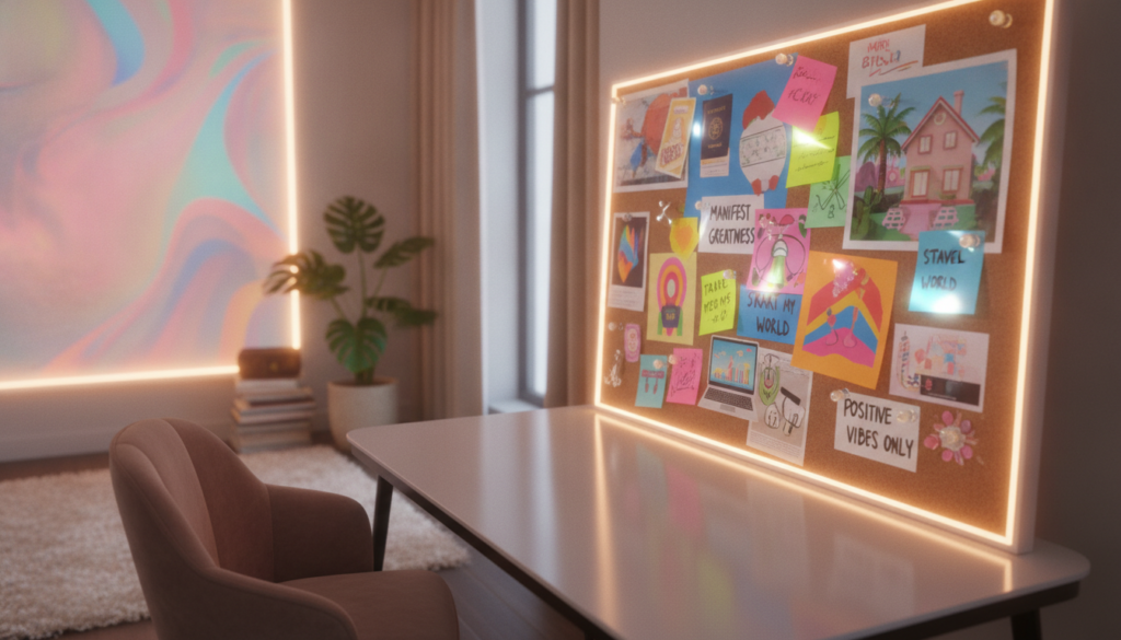 A vibrant vision board filled with motivational quotes, images of dreams and goals, and colorful graphics against a sleek, modern backdrop. In the foreground, a stylish white desk displays the vision board, adorned with shimmering pins and post-it notes. The middle ground features a cozy workspace with soft, ambient lighting, highlighting the various elements of the board. In the background, an abstract, softly blurred room filled with pastel and neon colors creates a dreamy atmosphere, evoking creativity and inspiration. The scene's mood is uplifting and energizing, ideal for a motivational theme, appealing to adult Gen Z. The lens captures the scene with a slight depth of field, making the vision board the focal point, invoking a sense of purpose and aspiration.
