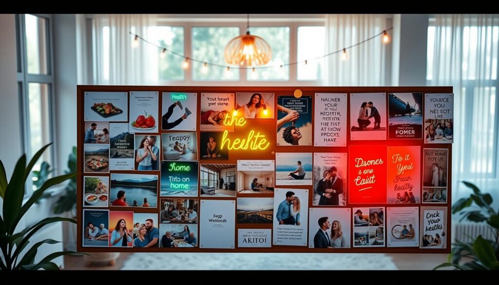 A vibrant vision board showcasing the themes of health, home, and relationships. In the foreground, a collection of inspirational images and uplifting quotes arranged neatly on a pinboard, with bright neon colors capturing attention. Include visuals of healthy food, exercise, cozy home settings, family gatherings, and happy couples, all exuding positivity. The middle of the image features a dreamy aesthetic, with soft glowing lights and subtle textures, creating a sense of aspiration. The background reveals a serene and airy room with large windows allowing natural light to flood in, enhancing the hopeful atmosphere. Capture this scene in a high-angle shot to emphasize the board's details, with a focus on warmth and motivation, reminiscent of a high-end magazine advertisement.