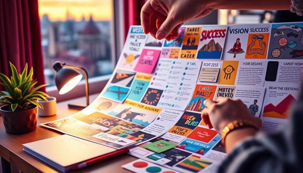 A vibrant vision board spread across a stylish desk, filled with colorful images, motivational quotes, and goal lists representing success, creativity, and aspiration. In the foreground, a close-up of a hand pinning a new visual to the board, showcasing diverse goals like travel, career advancement, and personal growth. The middle ground features a beautifully organized workspace with plants and mood lighting, emphasizing creativity and inspiration. In the background, a softly blurred window reveals a city skyline, bathed in warm, golden hour light, creating an uplifting mood. The overall atmosphere is dynamic and encouraging, using neon accents for a modern, energetic feel. The scene embodies the essence of manifesting dreams and achieving fast success.