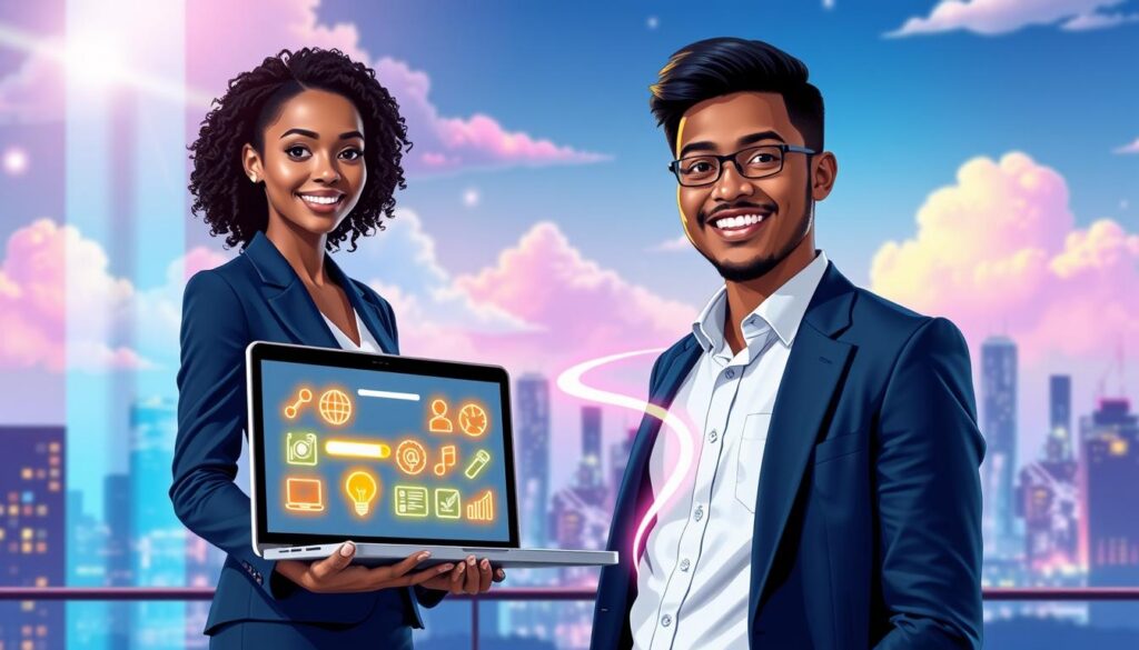 A vibrant, visually appealing illustration representing career manifestation and job search steps. In the foreground, a diverse young adult dressed in professional business attire stands confidently with an open laptop displaying a job search platform, their expression radiating focus and determination. In the middle ground, a flowing pathway of neon-lit icons symbolizes various job search steps like networking, resume building, and interviews, glowing against a surreal backdrop. The background is an abstract cityscape with dreamy, colorful clouds, reflecting hope and ambition in pastel neon colors. The lighting is bright and ethereal, casting a soft glow over the scene, creating an atmosphere of positivity and possibility. The overall mood is uplifting and motivational, inspiring viewers to visualize their dream job. A vibrant, visually appealing illustration representing career manifestation and job search steps. In the foreground, a diverse young adult dressed in professional business attire stands confidently with an open laptop displaying a job search platform, their expression radiating focus and determination. In the middle ground, a flowing pathway of neon-lit icons symbolizes various job search steps like networking, resume building, and interviews, glowing against a surreal backdrop. The background is an abstract cityscape with dreamy, colorful clouds, reflecting hope and ambition in pastel neon colors. The lighting is bright and ethereal, casting a soft glow over the scene, creating an atmosphere of positivity and possibility. The overall mood is uplifting and motivational, inspiring viewers to visualize their dream job.