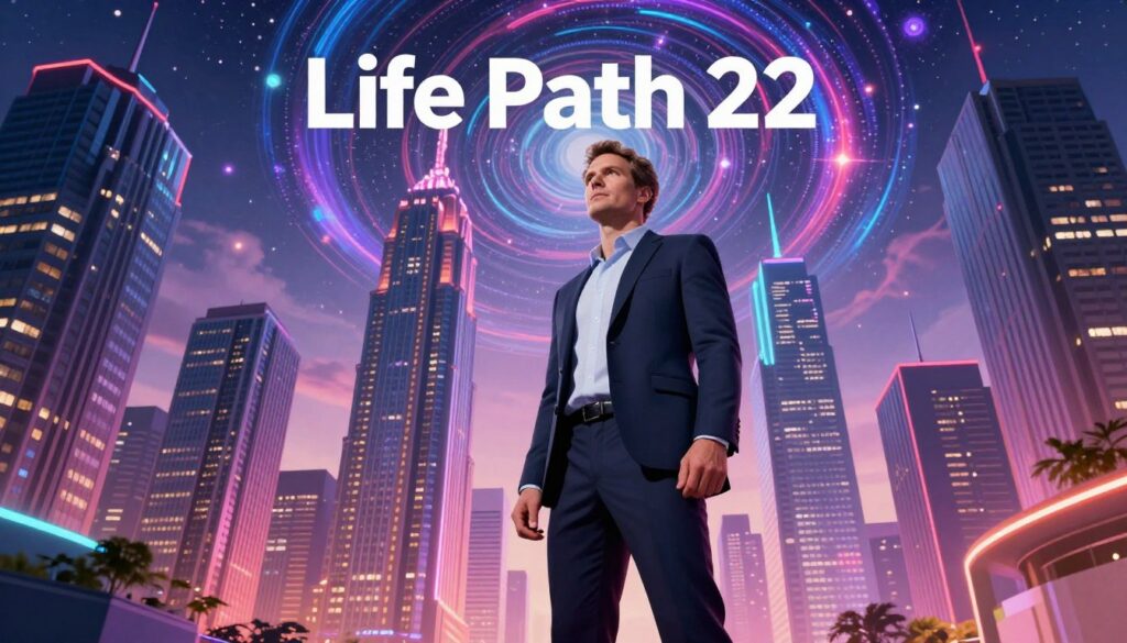 A visionary depiction of "Life Path 22," featuring a Caucasian adult standing confidently in a modern urban environment filled with neon colors and dreamcore elements. In the foreground, the individual wears professional business attire, exuding determination. The middle layer shows iconic skyscrapers representing empires, illuminated in vibrant hues against a dusk sky, symbolizing ambition and stability. In the background, a swirling cosmic design embodies creativity and the interconnectedness of ideas, creating a sense of infinite possibility. The lighting is dynamic, with soft glows highlighting the subject and structures, evoking an atmosphere of inspiration and aspiration. The angle captures a slight upward perspective, suggesting growth and vision towards the future, creating a high-end magazine advertisement feel with a focus on the master builder concept.