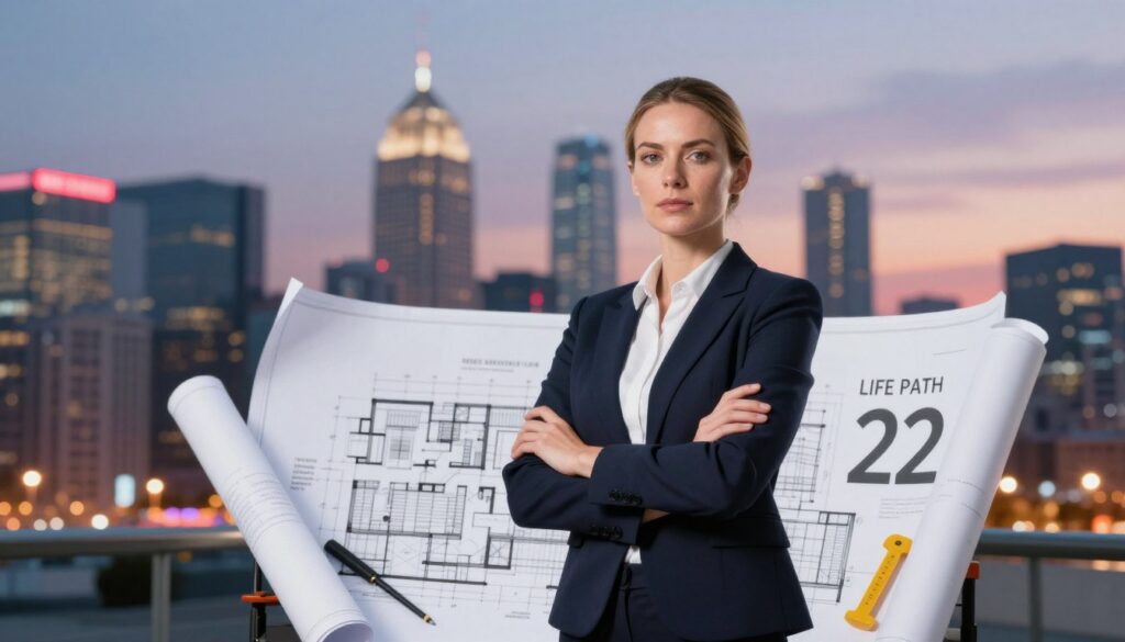 A visionary representation of Life Path Number 22's strengths, featuring a confident Caucasian businesswoman in a professional suit, standing at the forefront with crossed arms, radiating power and determination. Behind her, a vibrant city skyline at dusk, illuminated by neon colors, symbolizes ambition and success. The middle ground showcases architectural blueprints and construction tools, hinting at her role as a Master Builder of Empires. Utilize soft, diffused lighting to enhance the professional atmosphere, creating an inspirational mood. The scene is captured from a low angle to emphasize her stature and importance, with a slight bokeh effect that focuses on her and the blueprints. Overall, the composition should evoke feelings of strength, leadership, and creativity in a modern, dynamic environment.