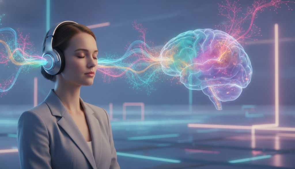 A visionary representation of "subliminal audio and brain processing," featuring a close-up of a young Caucasian woman in professional attire, sitting in a serene, softly lit room with dreamlike, neon accents. In the foreground, a pair of high-tech headphones rests on her ears, with colorful soundwaves visually emanating from them, intertwining with abstract brainwave patterns that represent her thoughts. The middle ground displays a semi-transparent brain silhouette infused with vivid, swirling colors, showcasing various neural connections lighting up in response to auditory stimuli. The background fades into an ethereal, blurred landscape of calming blues and purples, evoking a sense of tranquility and focus. The overall mood is introspective and enlightening, capturing the essence of hidden subliminal affirmations that transform mindset. A visionary representation of "subliminal audio and brain processing," featuring a close-up of a young Caucasian woman in professional attire, sitting in a serene, softly lit room with dreamlike, neon accents. In the foreground, a pair of high-tech headphones rests on her ears, with colorful soundwaves visually emanating from them, intertwining with abstract brainwave patterns that represent her thoughts. The middle ground displays a semi-transparent brain silhouette infused with vivid, swirling colors, showcasing various neural connections lighting up in response to auditory stimuli. The background fades into an ethereal, blurred landscape of calming blues and purples, evoking a sense of tranquility and focus. The overall mood is introspective and enlightening, capturing the essence of hidden subliminal affirmations that transform mindset.