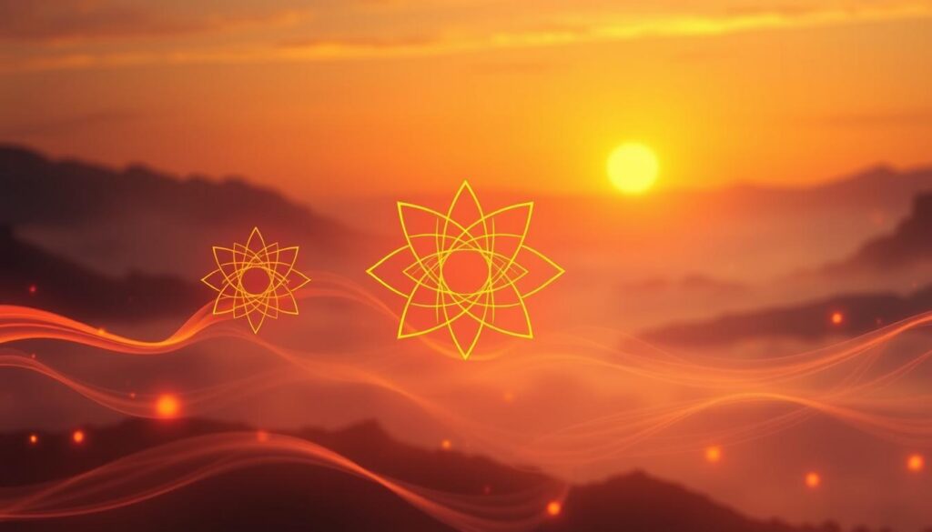 A visually captivating composition featuring vibrant sacral chakra symbols, elegantly arranged in the foreground. The sacred geometry is illuminated with a radiant orange glow, symbolizing creativity and emotional expression. In the middle ground, flowing energy waves radiate outward, merging with abstract patterns that evoke a sense of movement and fluidity. The background showcases a dreamy landscape with soft, ethereal elements, perhaps wisps of mist or glowing orbs, to enhance the spiritual and mystical atmosphere. The lighting is warm and inviting, casting a gentle illumination on the symbols, akin to golden hour sunlight. The mood is serene yet energizing, inviting viewers to connect with their innermost desires and attract positive energy. This image captures the essence of the sacral chakra, emphasizing its importance in love and relationships within a dreamcore aesthetic, with neon accents highlighting the dynamic interplay of color. A visually captivating composition featuring vibrant sacral chakra symbols, elegantly arranged in the foreground. The sacred geometry is illuminated with a radiant orange glow, symbolizing creativity and emotional expression. In the middle ground, flowing energy waves radiate outward, merging with abstract patterns that evoke a sense of movement and fluidity. The background showcases a dreamy landscape with soft, ethereal elements, perhaps wisps of mist or glowing orbs, to enhance the spiritual and mystical atmosphere. The lighting is warm and inviting, casting a gentle illumination on the symbols, akin to golden hour sunlight. The mood is serene yet energizing, inviting viewers to connect with their innermost desires and attract positive energy. This image captures the essence of the sacral chakra, emphasizing its importance in love and relationships within a dreamcore aesthetic, with neon accents highlighting the dynamic interplay of color.