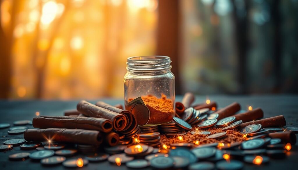 A visually captivating composition showcasing a cinnamon money spell theme. Foreground: a beautifully arranged circle of cinnamon sticks and coins surrounded by glowing, ethereal sparkles. Middle: a small, elegant glass jar filled with shimmering, golden liquid, partially open to reveal scattered cinnamon powder and dollar bills, blending with soft, dreamlike neon hues. Background: a blurred, mystical forest scene illuminated by gentle, ambient light, enhancing the magical atmosphere. The image features vibrant colors to attract the eye, creating an enchanting sense of wonder. Use a slightly elevated angle for depth, with warm lighting to evoke a cozy, inviting mood that reflects the theme of unexpected wealth and fortune. A visually captivating composition showcasing a cinnamon money spell theme. Foreground: a beautifully arranged circle of cinnamon sticks and coins surrounded by glowing, ethereal sparkles. Middle: a small, elegant glass jar filled with shimmering, golden liquid, partially open to reveal scattered cinnamon powder and dollar bills, blending with soft, dreamlike neon hues. Background: a blurred, mystical forest scene illuminated by gentle, ambient light, enhancing the magical atmosphere. The image features vibrant colors to attract the eye, creating an enchanting sense of wonder. Use a slightly elevated angle for depth, with warm lighting to evoke a cozy, inviting mood that reflects the theme of unexpected wealth and fortune.