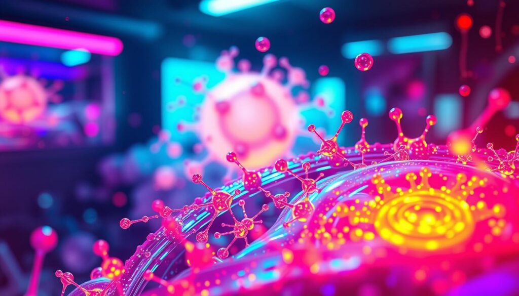 A visually captivating depiction of a cell membrane with intricate signaling processes, showcasing vibrant neon colors that create a dreamcore ambiance. In the foreground, a detailed representation of the cell membrane, adorned with dynamic receptors and various signal molecules interacting, illuminated by ethereal light to emphasize motion and activity. In the middle ground, the surrounding fluid environment teems with energy, incorporating abstract shapes and patterns that symbolize the complexity of cellular communication. The background features a softly blurred, high-tech laboratory setting, adding context while maintaining focus on the cell. The lighting should be dramatic, highlighting key elements, with a slight bokeh effect to evoke a sense of depth. The atmosphere is both futuristic and thought-provoking, reflecting the intertwining of biology and belief. A visually captivating depiction of a cell membrane with intricate signaling processes, showcasing vibrant neon colors that create a dreamcore ambiance. In the foreground, a detailed representation of the cell membrane, adorned with dynamic receptors and various signal molecules interacting, illuminated by ethereal light to emphasize motion and activity. In the middle ground, the surrounding fluid environment teems with energy, incorporating abstract shapes and patterns that symbolize the complexity of cellular communication. The background features a softly blurred, high-tech laboratory setting, adding context while maintaining focus on the cell. The lighting should be dramatic, highlighting key elements, with a slight bokeh effect to evoke a sense of depth. The atmosphere is both futuristic and thought-provoking, reflecting the intertwining of biology and belief.