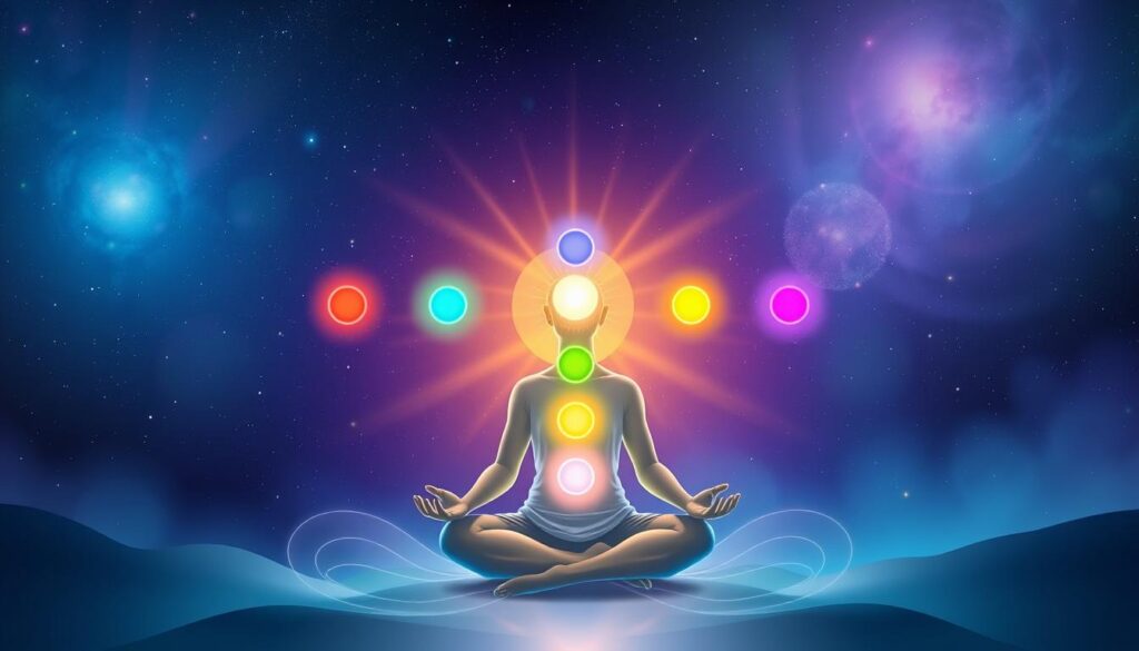 A visually captivating illustration of the seven chakra energy centers glowing in radiant, neon colors. In the foreground, each chakra is represented as a colorful orb, arranged vertically along a mystical figure in a serene meditative pose, dressed in modest casual clothing to evoke a sense of inclusivity. The middle ground features subtle energy waves radiating from the chakras, creating a harmonious flow of light and energy. The background is a dreamy cosmic landscape, with stars twinkling against deep blues and purples, enhancing the otherworldly atmosphere. Soft, ethereal lighting casts a gentle glow, adding depth and a tranquil mood to the scene, reminiscent of high-end magazine advertisements tailored for adult Gen Z audiences. A visually captivating illustration of the seven chakra energy centers glowing in radiant, neon colors. In the foreground, each chakra is represented as a colorful orb, arranged vertically along a mystical figure in a serene meditative pose, dressed in modest casual clothing to evoke a sense of inclusivity. The middle ground features subtle energy waves radiating from the chakras, creating a harmonious flow of light and energy. The background is a dreamy cosmic landscape, with stars twinkling against deep blues and purples, enhancing the otherworldly atmosphere. Soft, ethereal lighting casts a gentle glow, adding depth and a tranquil mood to the scene, reminiscent of high-end magazine advertisements tailored for adult Gen Z audiences.