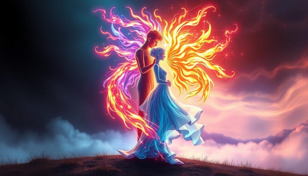 A visually captivating illustration representing the intense connection of twin flames, featuring two abstract figures intertwined with radiant energy. In the foreground, the figures are depicted in subtle, harmonious poses, dressed in elegant attire, surrounded by luminous, glowing elements symbolizing their deep bond. The middle ground showcases vibrant, swirling patterns of neon colors that reflect emotions of passion and intensity. The background consists of a dreamlike, ethereal landscape filled with soft, diffused light, creating a stark contrast between shadow and brilliance. The mood is both mystical and electrifying, conveying the profound yet tumultuous nature of the twin flame journey. The composition is balanced, emphasizing the connection between the figures while leaving space for the viewer's imagination to explore. The lighting is dramatic, with a focus on the figures, enhancing the overall depth of the scene.