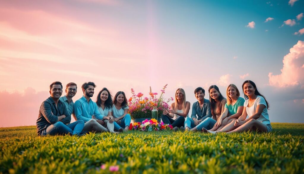 A visually captivating image that embodies love, abundance, health, and joy affirmations. In the foreground, a serene, diverse group of adults in stylish casual attire sit in a circle on a vibrant, lush green lawn, each person radiating positivity and warmth. The middle layer features a plethora of colorful flowers and gentle streams of light in neon hues, symbolizing abundance and health. In the background, a dreamy sky transitions from soft pink to deep blue, dotted with fluffy clouds, creating a whimsical atmosphere. The lighting is soft, with warm golden tones emphasizing the joyful expressions of the individuals. The angle captures a slightly elevated view, instilling a sense of unity and hope, perfectly suited for a high-end magazine aesthetic. A visually captivating image that embodies love, abundance, health, and joy affirmations. In the foreground, a serene, diverse group of adults in stylish casual attire sit in a circle on a vibrant, lush green lawn, each person radiating positivity and warmth. The middle layer features a plethora of colorful flowers and gentle streams of light in neon hues, symbolizing abundance and health. In the background, a dreamy sky transitions from soft pink to deep blue, dotted with fluffy clouds, creating a whimsical atmosphere. The lighting is soft, with warm golden tones emphasizing the joyful expressions of the individuals. The angle captures a slightly elevated view, instilling a sense of unity and hope, perfectly suited for a high-end magazine aesthetic.