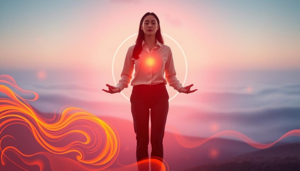 A visually captivating representation of energy imbalance signs, featuring a serene, professional-looking figure in modest casual clothing, standing in a meditative pose. The foreground showcases vibrant neon colors, with swirling abstract patterns symbolizing blocked or overactive energy in the sacral chakra area, including orange hues representing creativity and passion. In the middle ground, soft flowing waves of light suggest emotional turbulence and balance fluctuations. The background features a dreamy, ethereal landscape with gentle gradients blending into the horizon, evoking a sense of tranquility and transformation. Utilize soft, diffused lighting with a slightly blurred bokeh effect to enhance the dreamcore aesthetic, creating an atmospheric mood that invites reflection and healing. The image should not contain any text or branding elements. A visually captivating representation of energy imbalance signs, featuring a serene, professional-looking figure in modest casual clothing, standing in a meditative pose. The foreground showcases vibrant neon colors, with swirling abstract patterns symbolizing blocked or overactive energy in the sacral chakra area, including orange hues representing creativity and passion. In the middle ground, soft flowing waves of light suggest emotional turbulence and balance fluctuations. The background features a dreamy, ethereal landscape with gentle gradients blending into the horizon, evoking a sense of tranquility and transformation. Utilize soft, diffused lighting with a slightly blurred bokeh effect to enhance the dreamcore aesthetic, creating an atmospheric mood that invites reflection and healing. The image should not contain any text or branding elements.