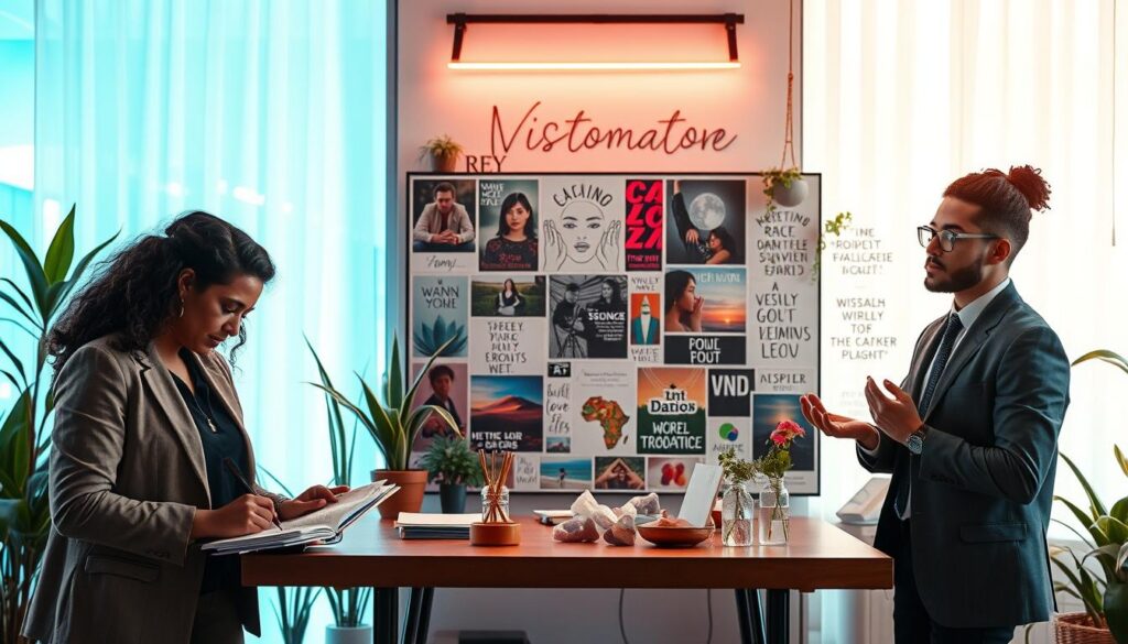 A visually captivating scene illustrating manifestation techniques for focused goals. In the foreground, a diverse group of three professionals wearing smart casual attire, each engaged in different activities: one writing in a journal, another meditating with a focused expression, and the third visualizing goals on a vision board adorned with striking imagery. The middle layer features a bright, immersive workspace filled with plants, crystals, and motivational quotes all around, creating an inspiring atmosphere. The background is softly blurred with dreamcore-inspired neon colors, reminiscent of a high-end magazine advertisement. Soft, ethereal lighting bathes the scene, shining through large windows, enhancing a sense of positivity and focus. The overall mood is uplifting and creative, encouraging personal growth and mindfulness in goal attainment. A visually captivating scene illustrating manifestation techniques for focused goals. In the foreground, a diverse group of three professionals wearing smart casual attire, each engaged in different activities: one writing in a journal, another meditating with a focused expression, and the third visualizing goals on a vision board adorned with striking imagery. The middle layer features a bright, immersive workspace filled with plants, crystals, and motivational quotes all around, creating an inspiring atmosphere. The background is softly blurred with dreamcore-inspired neon colors, reminiscent of a high-end magazine advertisement. Soft, ethereal lighting bathes the scene, shining through large windows, enhancing a sense of positivity and focus. The overall mood is uplifting and creative, encouraging personal growth and mindfulness in goal attainment.