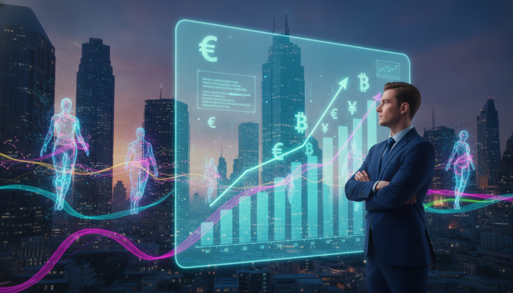 A visually captivating scene illustrating "wealth visualization and financial goals." In the foreground, a confident young Caucasian professional in stylish business attire stands with arms crossed, gazing thoughtfully towards a large, holographic display showing rising charts and glowing currency symbols. In the middle, ethereal figures representing aspiration and abundance float around, surrounded by vibrant, dreamcore neon colors. In the background, a futuristic city skyline shimmers under a twilight sky, symbolizing opportunity and success. Soft, ambient lighting enhances the dreamlike quality, while a wide-angle lens captures the depth and scale of this visionary landscape. The atmosphere is one of optimism and motivation, inviting viewers to envision their wealthier selves.