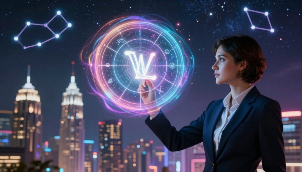 A visually captivating scene that embodies "Part of Fortune" and wealth astrology. In the foreground, an elegantly dressed individual in professional attire, showcasing confidence and ambition, gazes intently at a glowing astrological chart displaying the Part of Fortune symbol surrounded by ethereal, swirling neon colors. The middle ground features an ornate, futuristic city skyline, suggesting prosperity and opportunity. The background fades into a starry cosmos, with constellations twinkling in harmony, hinting at celestial guidance in achieving success. The ambiance is mystical yet aspirational, with soft, dreamlike lighting creating a visionary atmosphere. Utilize a high-contrast lens effect to accentuate the vibrant hues and textures, evoking a sense of hope and inspiration for wealth and achievements.