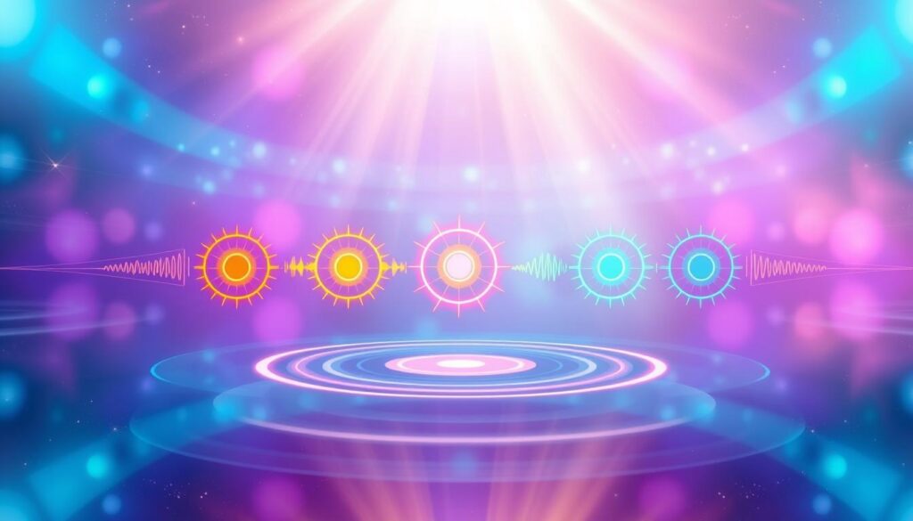 A visually captivating solfeggio frequency guide, featuring a vibrant and dreamlike design. In the foreground, display a beautifully arranged layout of nine glowing frequency symbols, each radiating distinct neon colors, representing the solfeggio tones. The middle layer should include subtle abstract waves or sound patterns that interconnect the symbols, enhancing the sense of harmony and healing. In the background, create a soft, ethereal gradient of colors, transitioning from calming blues to energizing purples, infused with hints of swirling stars. Use dramatic lighting to illuminate the symbols, casting soft glows and reflections, mirroring a serene atmosphere. The overall mood should be uplifting and inspiring, appealing to a modern audience, capturing the essence of spiritual healing and subconscious wellness.