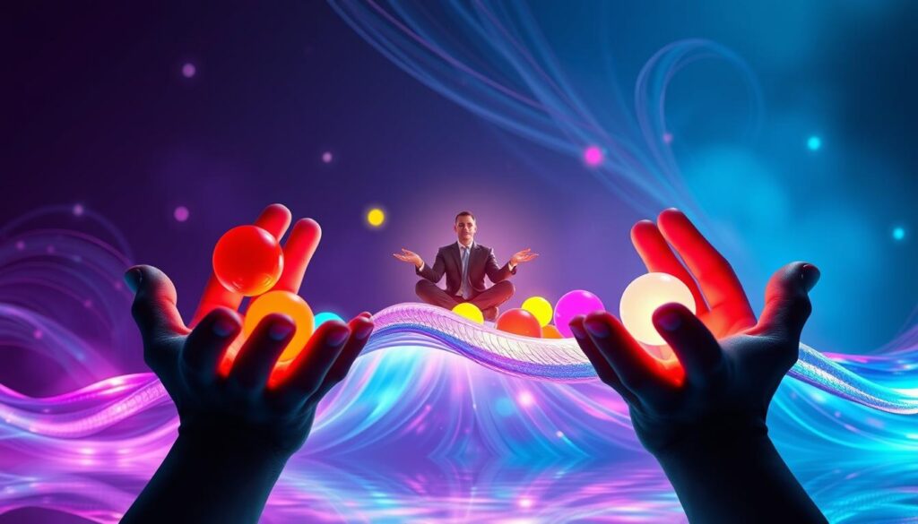 A visually striking abstract representation of the "Law of Rhythm" symbolizing emotional balance. In the foreground, a pair of hands gracefully holding colorful orbs representing various emotions—joy, sadness, anger, and calmness—bathed in soft neon lights. In the middle ground, a serene figure in professional attire meditating on a flowing wave of vibrant colors, illustrating emotional ups and downs with a sense of tranquility. The background features a dreamlike landscape of swirling patterns and geometric shapes, illuminated by a deep blue and purple gradient, evoking a calming atmosphere. The lighting is ethereal, casting dynamic shadows and highlights. Capture this scene with a cinematic perspective, focusing on the harmony between chaos and calmness, making it relevant for a high-end magazine advertisement aimed at adult Gen Z. A visually striking abstract representation of the "Law of Rhythm" symbolizing emotional balance. In the foreground, a pair of hands gracefully holding colorful orbs representing various emotions—joy, sadness, anger, and calmness—bathed in soft neon lights. In the middle ground, a serene figure in professional attire meditating on a flowing wave of vibrant colors, illustrating emotional ups and downs with a sense of tranquility. The background features a dreamlike landscape of swirling patterns and geometric shapes, illuminated by a deep blue and purple gradient, evoking a calming atmosphere. The lighting is ethereal, casting dynamic shadows and highlights. Capture this scene with a cinematic perspective, focusing on the harmony between chaos and calmness, making it relevant for a high-end magazine advertisement aimed at adult Gen Z.