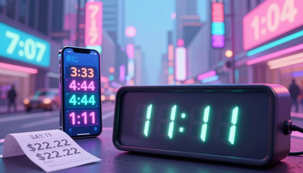 A visually striking and vibrant scene capturing the concept of repeating numbers in daily life. In the foreground, a close-up of a modern digital clock displaying the time as "11:11", glowing in bright neon colors. The middle ground features everyday objects, such as a smartphone with notifications showing "3:33" and a printed receipt revealing a total of "$22.22". In the background, a city street scene awash in dreamcore aesthetics, showcasing billboards and signage, all cleverly integrated with various repeating numbers like "7:07", "4:44", and "1:11". The lighting is ethereal, with a soft glow enhancing the neon hues, creating an atmosphere of wonder and mystery. The overall composition should evoke feelings of excitement and curiosity, targeted towards a young adult audience, reflecting a high-end magazine advertisement style without any text or distractions.