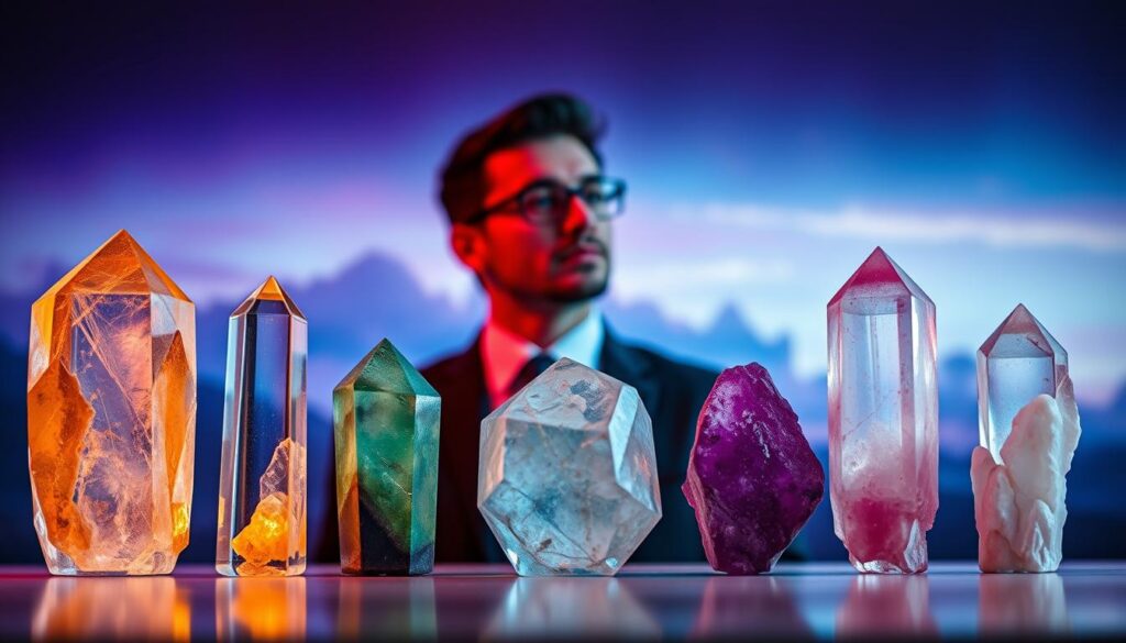 A visually striking arrangement of five healing crystals symbolizing wealth attraction, positioned in the foreground. The crystals, each unique in color and shape, include a clear quartz, citrine, green aventurine, amethyst, and rose quartz, gleaming under soft, ethereal neon lighting that casts colorful reflections. In the middle, a blurred silhouette of a modern, professional adult dressed in smart-business attire, contemplating the crystals with an expression of intrigue and serenity. The background features an abstract, dreamy landscape that melds vibrant hues of blues and purples, resembling a surreal dreamscape. The overall atmosphere conveys a sense of calmness and focused energy, appealing to a Gen Z audience interested in wellness and self-improvement. Use a slightly upward angle to enhance the grandeur of the crystals while maintaining a smooth depth of field for a high-end magazine aesthetic. A visually striking arrangement of five healing crystals symbolizing wealth attraction, positioned in the foreground. The crystals, each unique in color and shape, include a clear quartz, citrine, green aventurine, amethyst, and rose quartz, gleaming under soft, ethereal neon lighting that casts colorful reflections. In the middle, a blurred silhouette of a modern, professional adult dressed in smart-business attire, contemplating the crystals with an expression of intrigue and serenity. The background features an abstract, dreamy landscape that melds vibrant hues of blues and purples, resembling a surreal dreamscape. The overall atmosphere conveys a sense of calmness and focused energy, appealing to a Gen Z audience interested in wellness and self-improvement. Use a slightly upward angle to enhance the grandeur of the crystals while maintaining a smooth depth of field for a high-end magazine aesthetic.