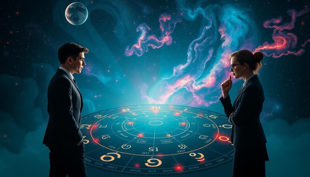 A visually striking astrology chart scene radiating strong placements, set against a cosmic backdrop filled with swirling galaxies and vibrant nebulae in neon colors. In the foreground, a detailed birth chart layout displaying luminous planetary symbols and astrological houses, expertly highlighted to emphasize key placements of significance. The middle ground features ethereal figures dressed in stylish, professional attire, engaged in thoughtful discussion while analyzing the chart, their expressions reflecting curiosity and intrigue. Soft, diffused lighting creates a mystical atmosphere, while a slightly elevated angle provides a comprehensive view of the chart. The overall mood is one of enlightenment and wonder, evoking a sense of hidden depths and cosmic connections.